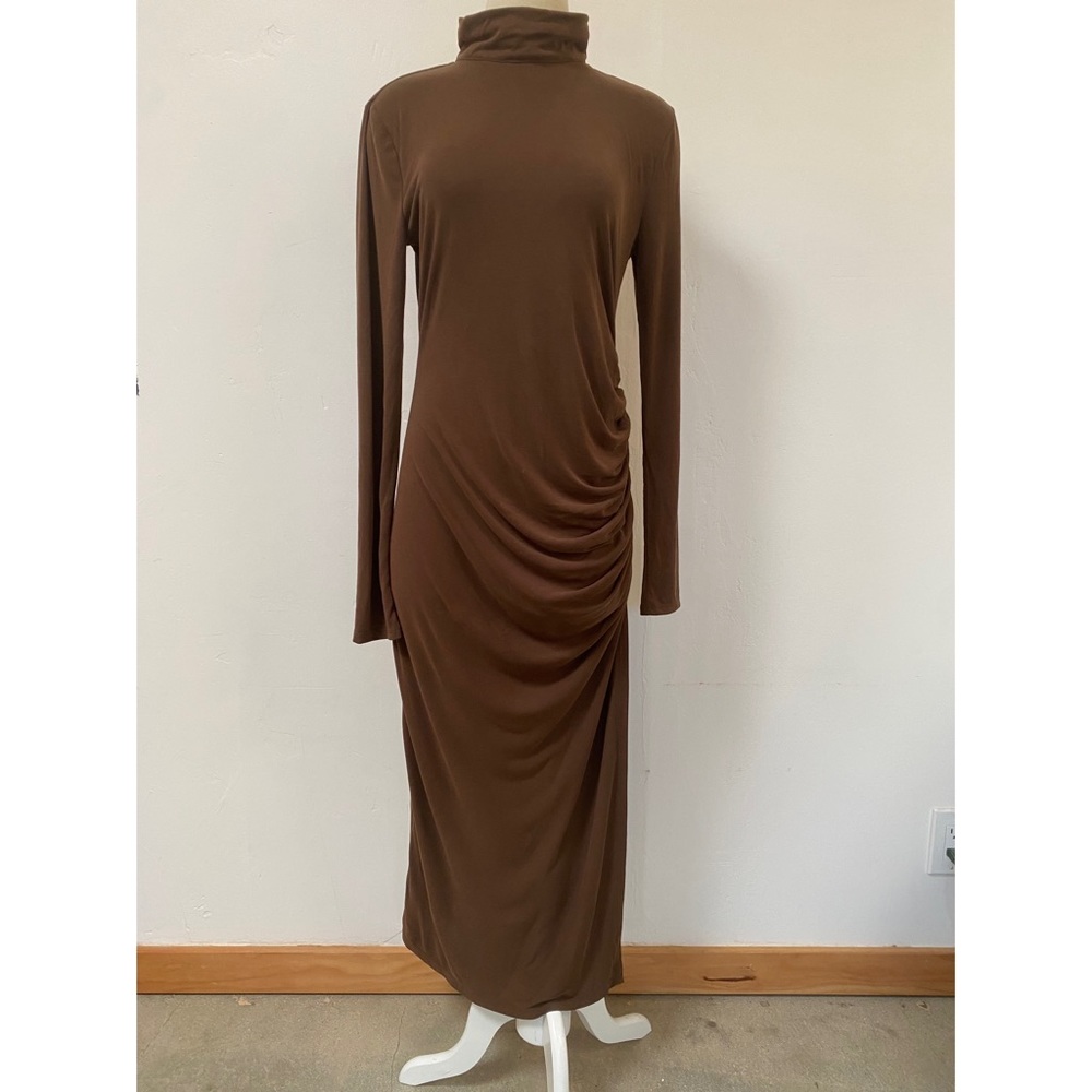 Camila Coelho Brown Ruched Funnelneck Dress Sz L